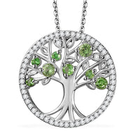 Brazilian Mint Garnet and White Zircon Tree of Life Pendant Necklace 20 Inches in Rhodium Over Sterling Silver 1.00 ctw