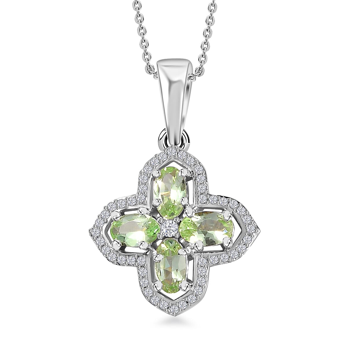 Brazilian Mint Garnet and Moissanite Clover Pendant Necklace 20 Inches in Rhodium Over Sterling Silver 1.15 ctw