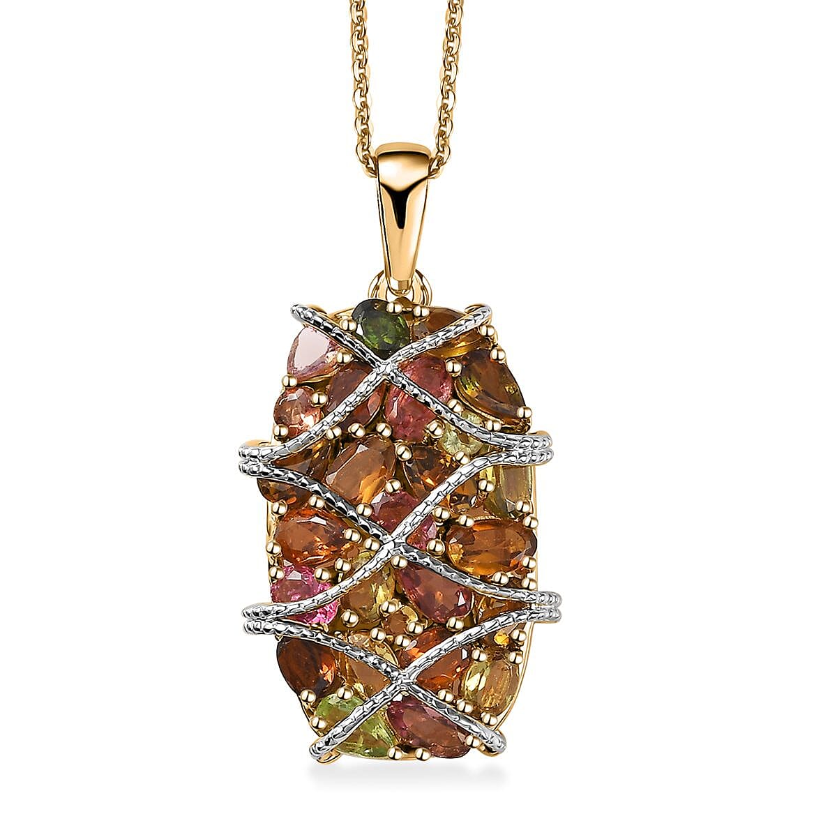 GP Royal Art Deco Collection Multi-Tourmaline Pendant Necklace 20 Inches in 18K Vermeil Yellow Gold Over Sterling Silver 4.70 ctw