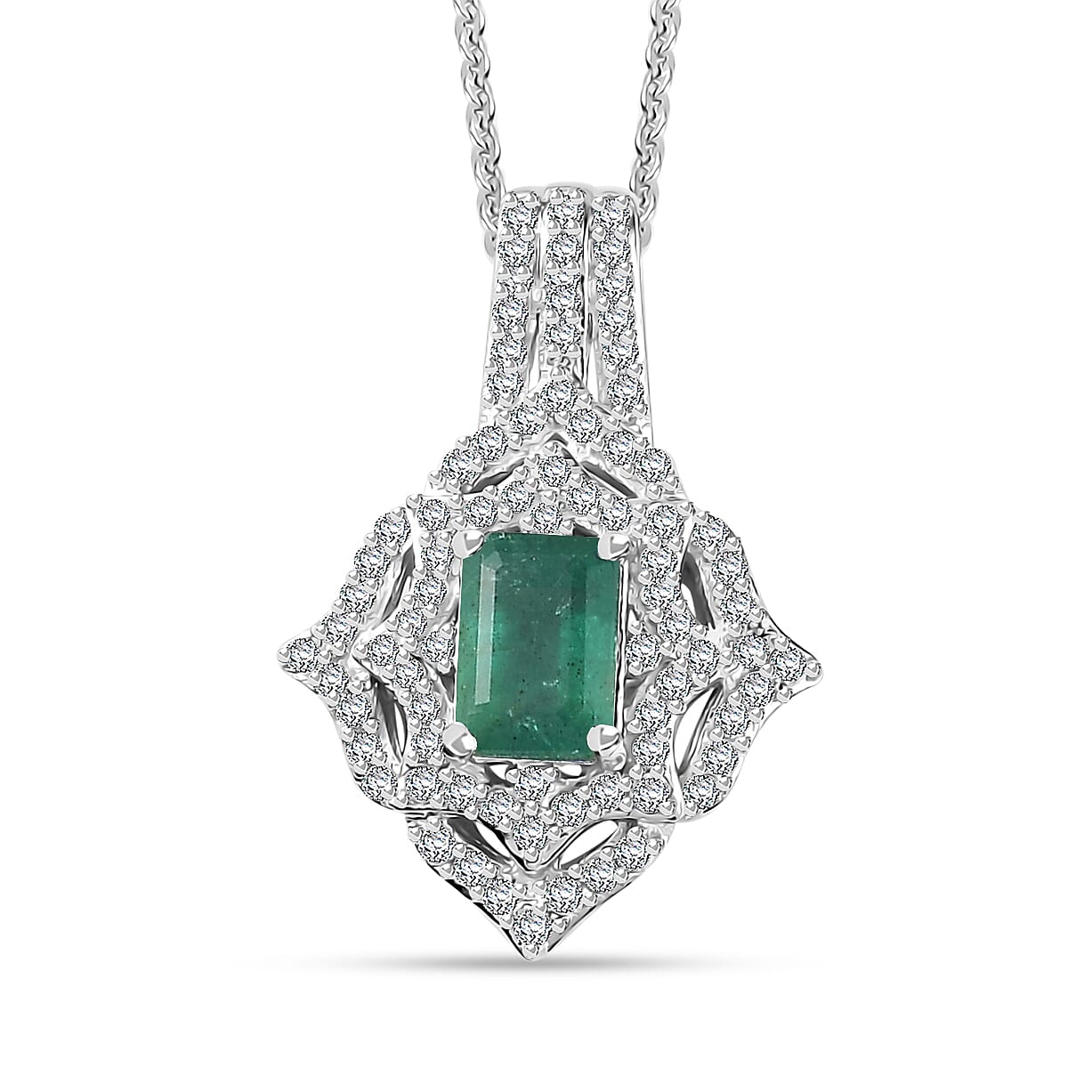 TLV Premium Kagem Zambian Emerald, White Zircon Pendant Necklace (20 Inches) in Platinum Over Sterling Silver 1.75 ctw
