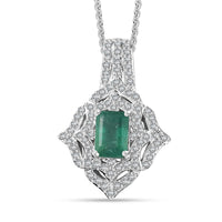 TLV Premium Kagem Zambian Emerald, White Zircon Pendant Necklace (20 Inches) in Platinum Over Sterling Silver 1.75 ctw
