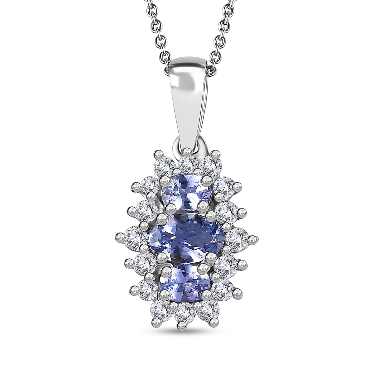 Tanzanite and White Zircon Pendant Necklace 20 Inches in Rhodium Over Sterling Silver 1.30 ctw