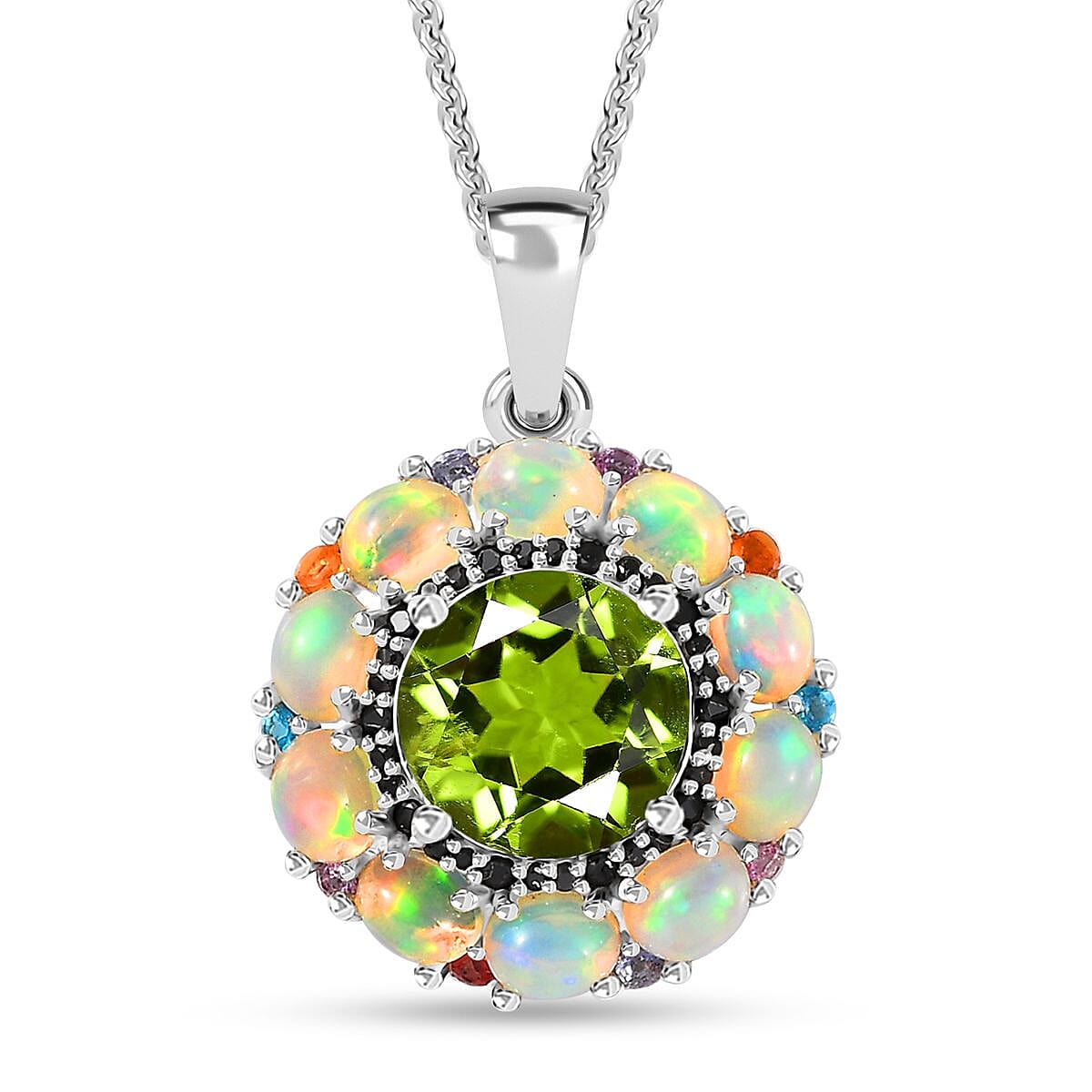 Hebei Peridot and Multi Gemstone Floral Pendant Necklace 20 Inches in Rhodium Over Sterling Silver 4.65 ctw