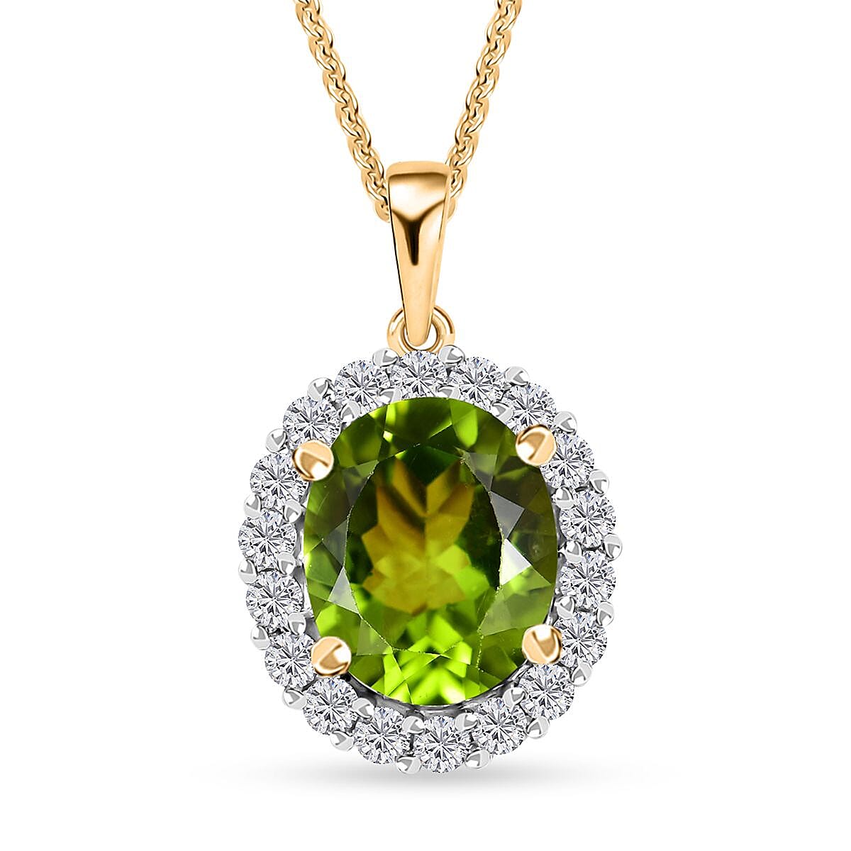 Peridot and Moissanite Sunburst Pendant Necklace 20 Inches in 18K Vermeil Yellow Gold Over Sterling Silver 4.30 ctw