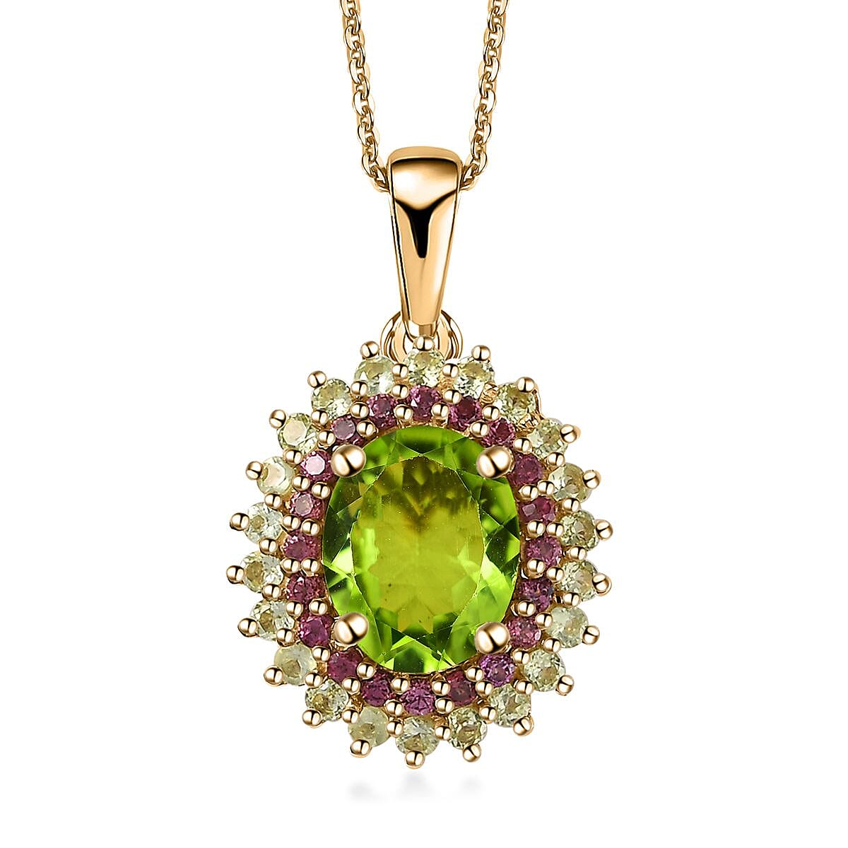 Hebei Peridot and Orissa Rhodolite Garnet Sunburst Pendant Necklace 20 Inches in 18K Vermeil Yellow Gold Over Sterling Silver 3.80 ctw