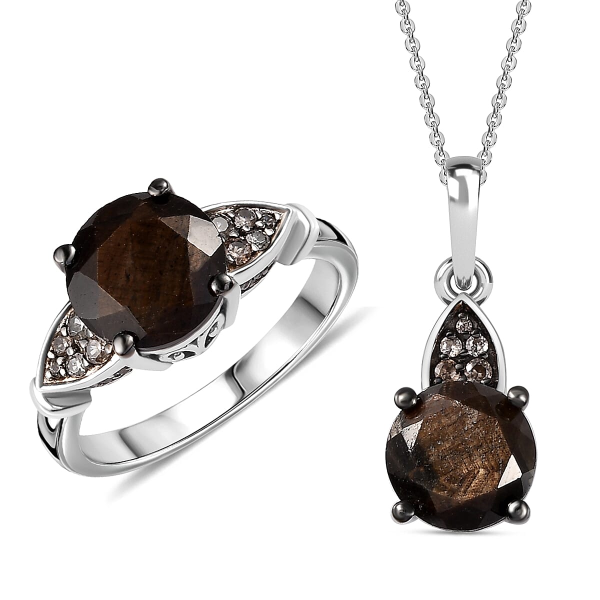 Zawadi Chocolate Sapphire, Champagne Zircon Ring and Pendant Necklace 20 Inches in Rhodium Over Sterling Silver 6.00 ctw