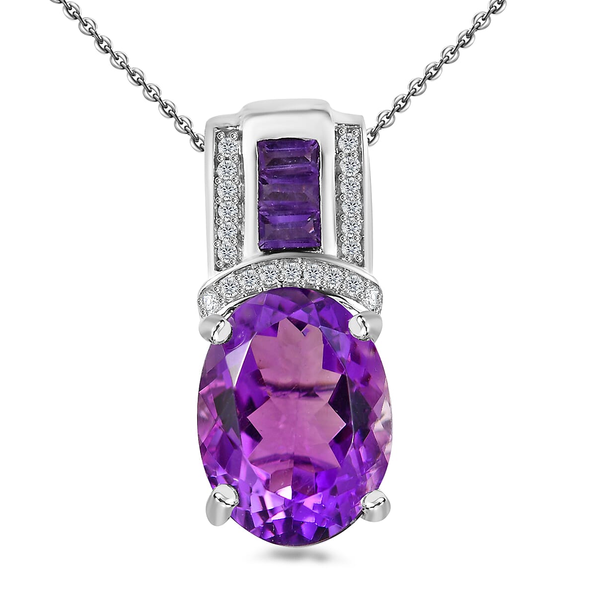 African Amethyst and White Zircon 10.00 ctw Pendant Necklace 20 Inches in Platinum Over and Rhodium Over Sterling Silver