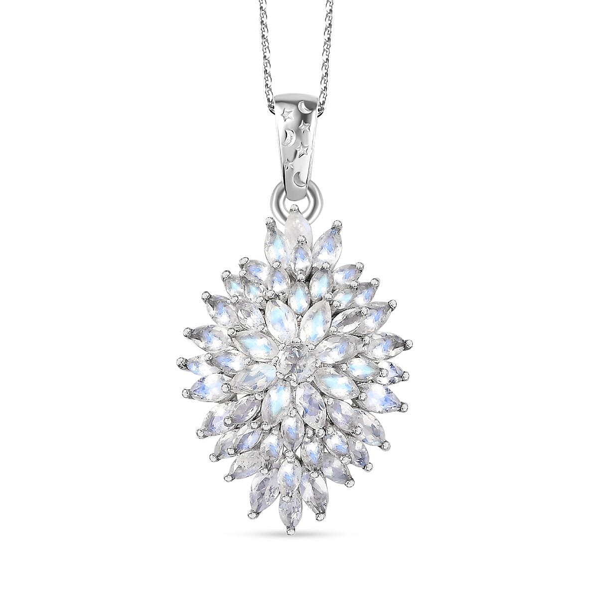 Moon Glow Moonstone Dahlia Floral Sparkle, Star and Moon Pendant Necklace 20 Inches in Rhodium Over Sterling Silver 4.85 ctw