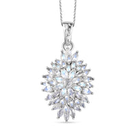 Moon Glow Moonstone Dahlia Floral Sparkle, Star and Moon Pendant Necklace 20 Inches in Rhodium Over Sterling Silver 4.85 ctw