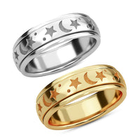 Set of 2 Vermeil YG Over and Sterling Silver Moon Star Fidget Spinner Ring for Anxiety (Size 6.0) (9.0 g)