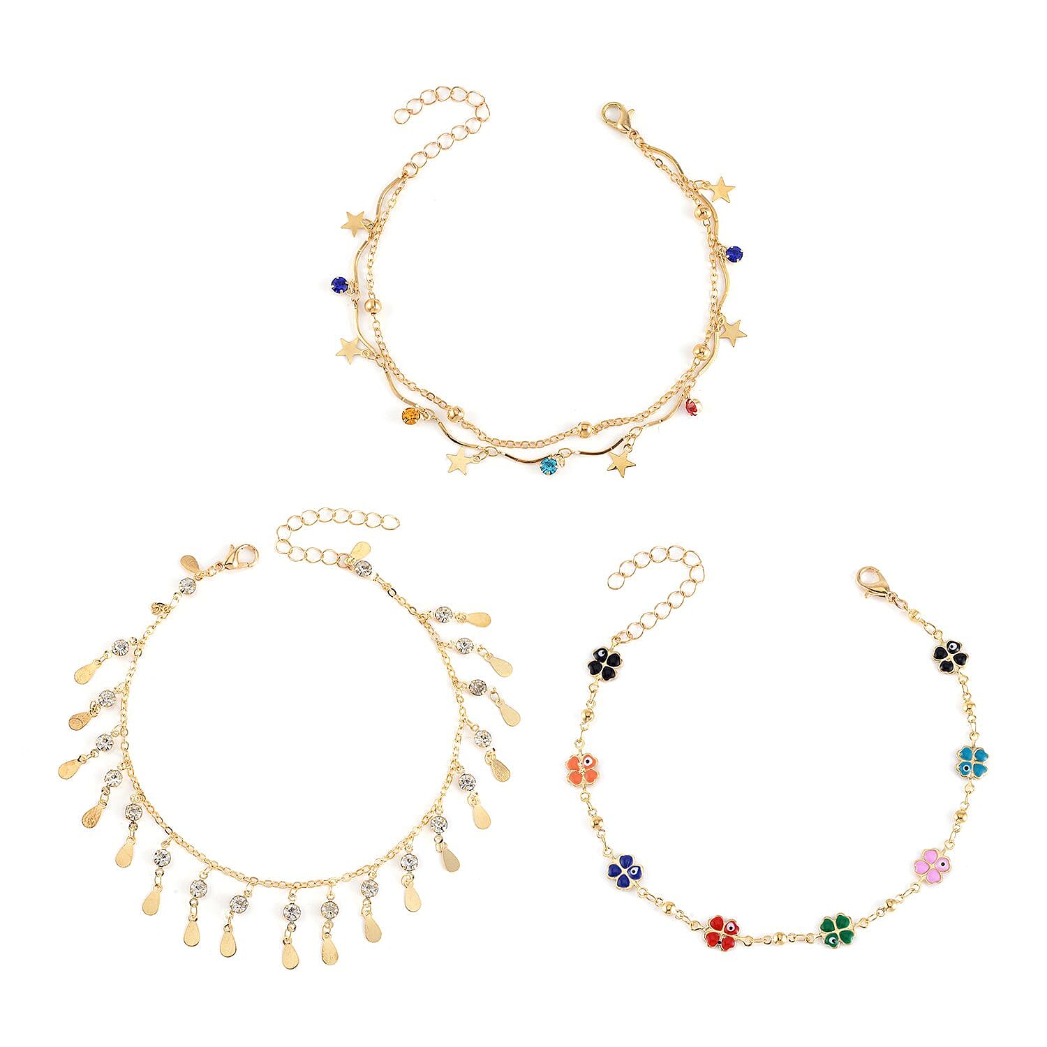 Multi Color Austrian Crystal Set of 3 Anklet in Goldtone (9 In)