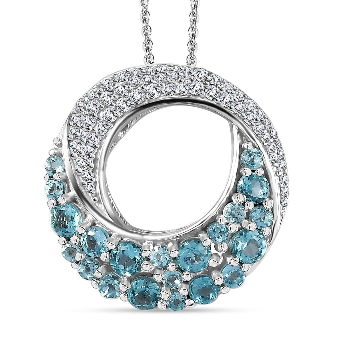 Betroka Blue Apatite and White Zircon Ocean Wave Pendant Necklace 20 Inches in Rhodium Over Sterling Silver 2.50 ctw
