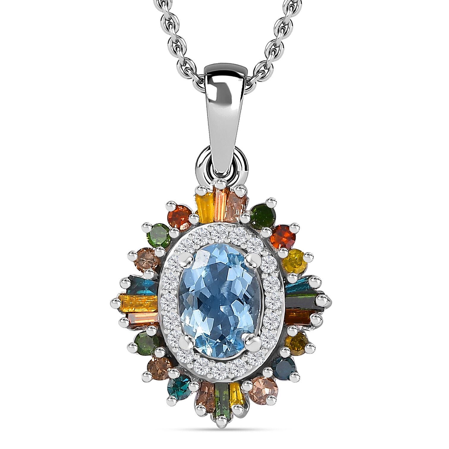 Santa Maria Aquamarine and Multi Diamond Floral Pendant Necklace 20 Inches in Rhodium Over Sterling Silver 1.25 ctw