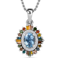 Santa Maria Aquamarine and Multi Diamond Floral Pendant Necklace 20 Inches in Rhodium Over Sterling Silver 1.25 ctw
