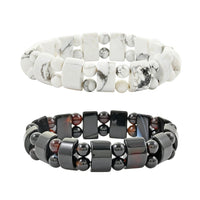 Set of 2 White Howlite and Black Agate Beaded Stretch Bracelet 279.00 ctw