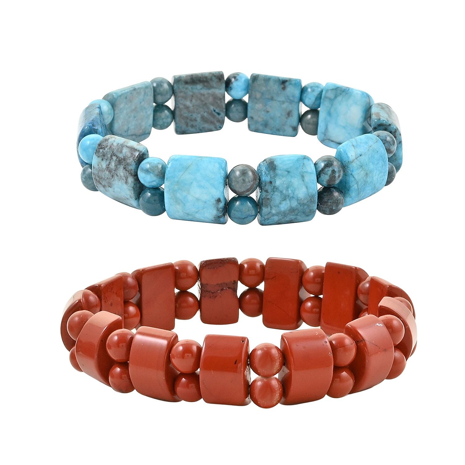 Set of 2 Blue Amazon Jasper and Red Jasper Beaded Stretch Bracelet 303.50 ctw