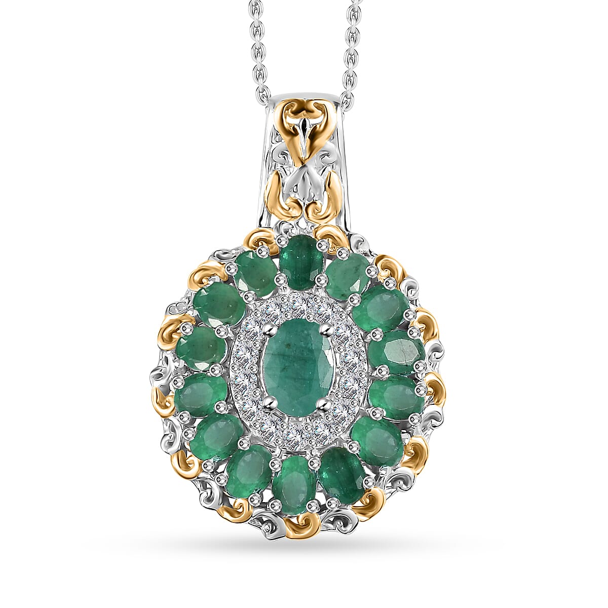 TLV Kagem Zambian Emerald, White Zircon Daisy Floral Pendant Necklace (20 Inches) in 18K Vermeil YG and Rhodium Over Sterling Silver 3.30 ctw