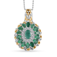TLV Kagem Zambian Emerald, White Zircon Daisy Floral Pendant Necklace (20 Inches) in 18K Vermeil YG and Rhodium Over Sterling Silver 3.30 ctw
