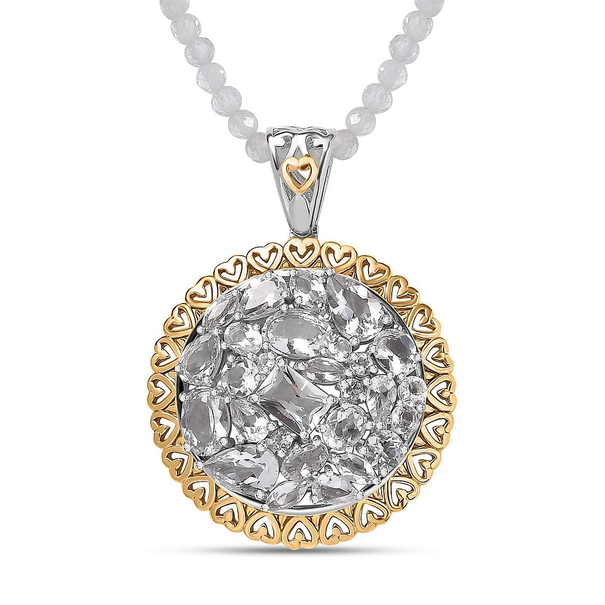Brazilan Petalite Vintage Glamour Pendant with White Topaz Beaded Necklace 20 Inches in 18K Vermeil YG and Rhodium Over Sterling Silver 26.60 ctw
