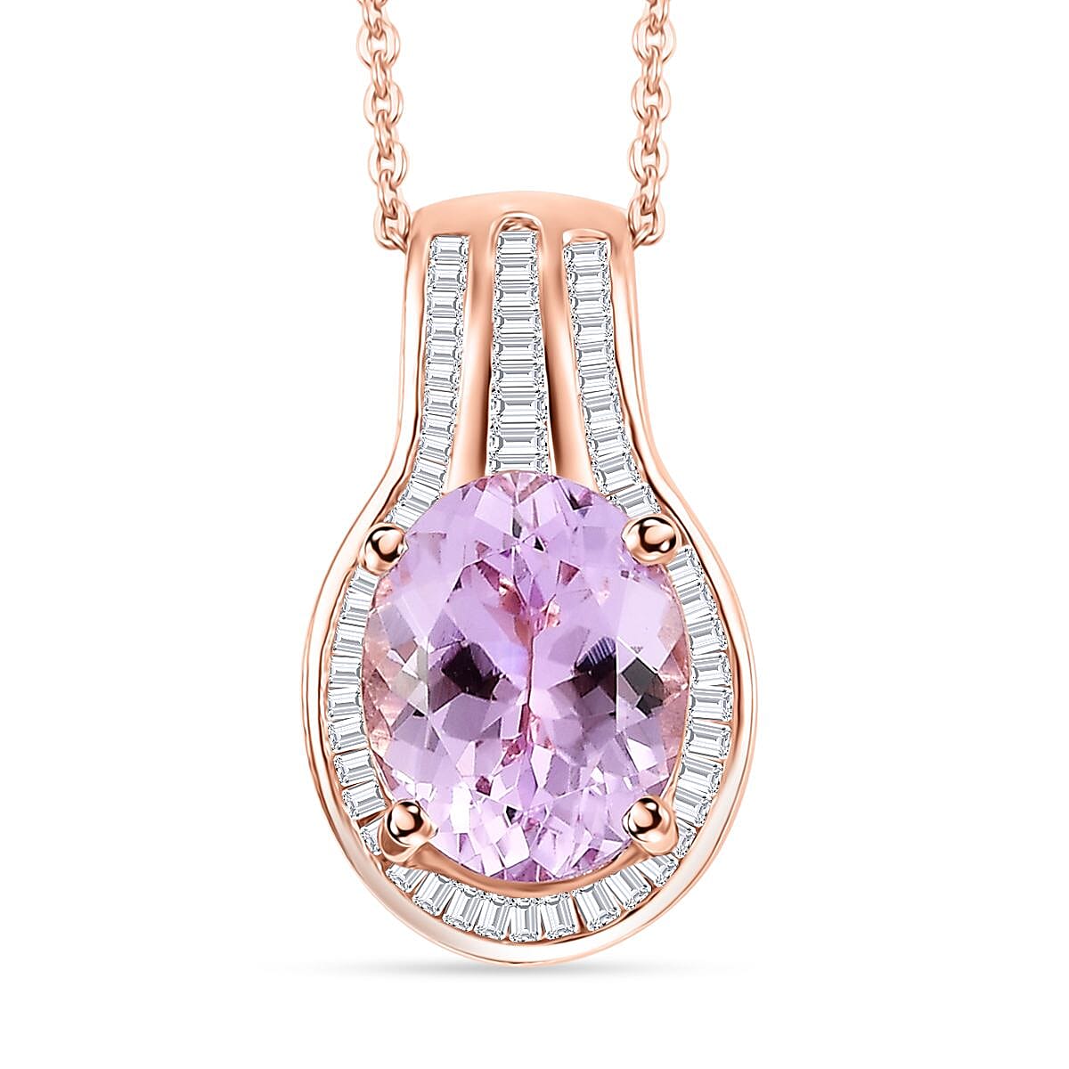 Premium Martha Rocha Kunzite and Diamond 3.60 ctw Cascade Pendant Necklace in 18K Vermeil Rose Gold Over Sterling Silver 20 Inches