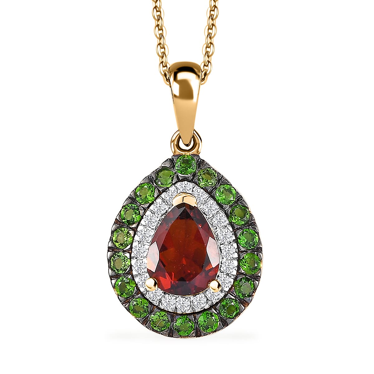 Brazilian Cherry Citrine, Multi Gemstone Double Halo Pendant Necklace (20 Inches) in 18K Vermeil YG Over Sterling Silver 2.25 ctw