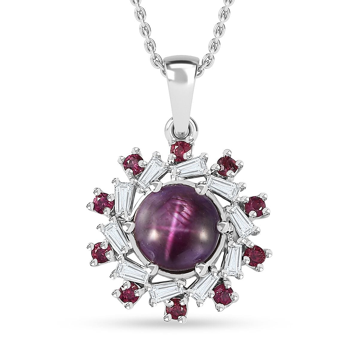 Indian Star Ruby and Multi Gemstone Galaxy Pendant Necklace 20 Inches in Rhodium Over Sterling Silver 4.15 ctw