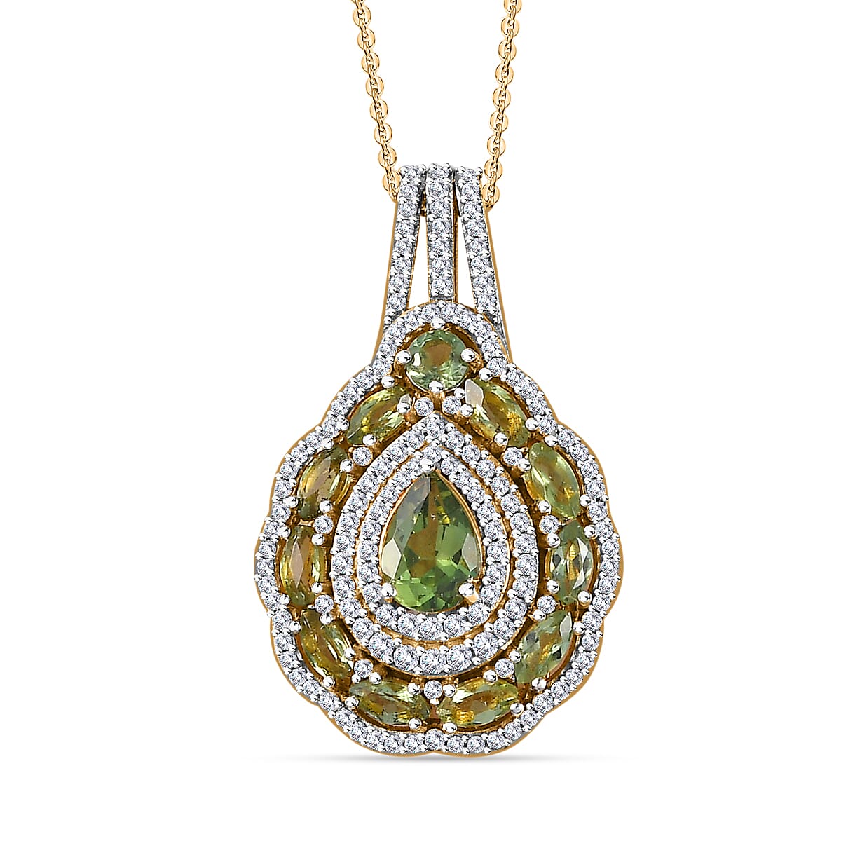 Andranomaro Green Apatite and Moissanite Palm Tree Pendant Necklace 20 Inches in 18K Vermeil Yellow Gold Over Sterling Silver 2.40 ctw