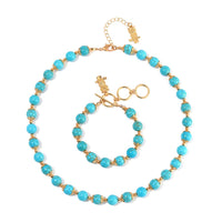 Blue Howlite 320.00 ctw Beaded Bracelet (6.50-8.00In) and Necklace 18-20 Inches with Owl Charm in Goldtone