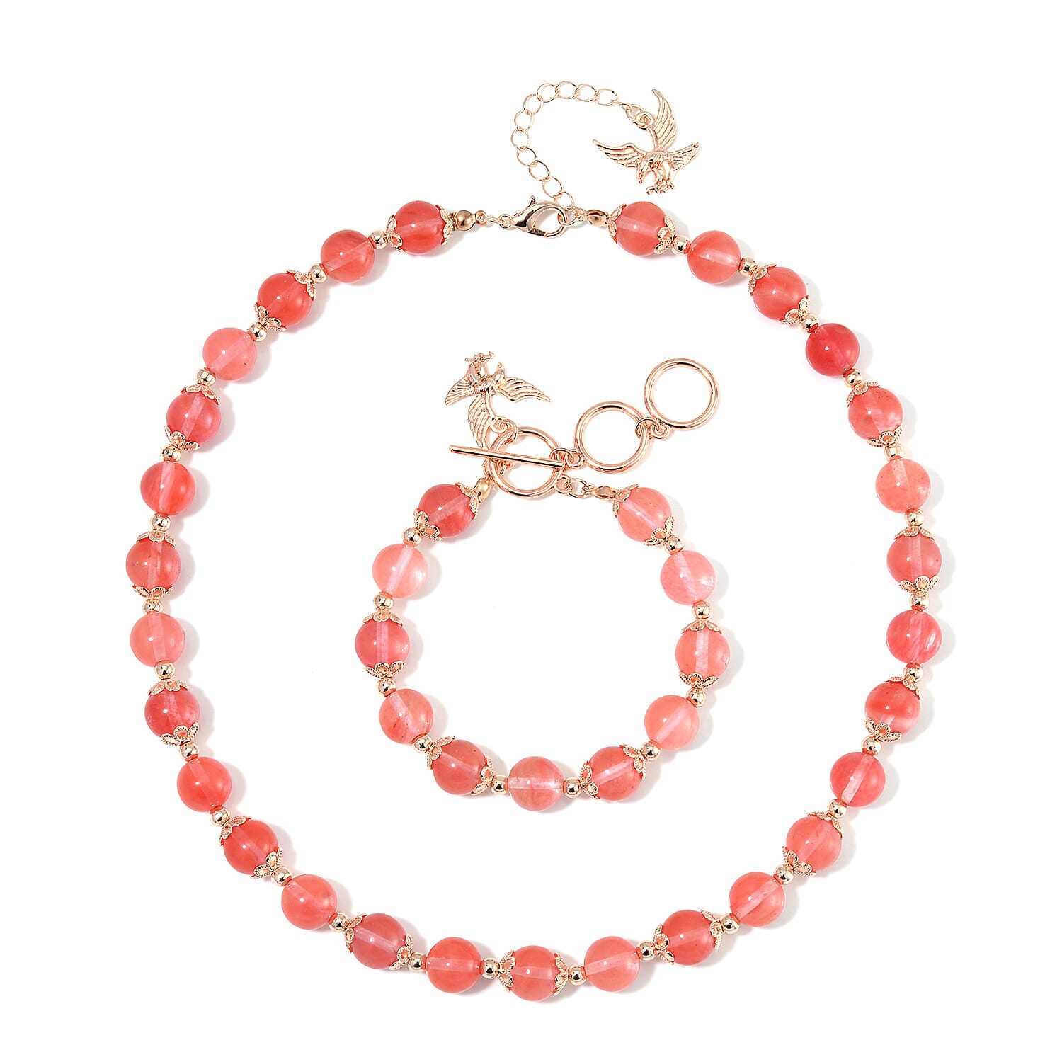Cherry Quartz 320.00 ctw Beaded Bracelet (6.50-8.00In) and Necklace 18-20 Inches with Eagle Charm in Rosetone