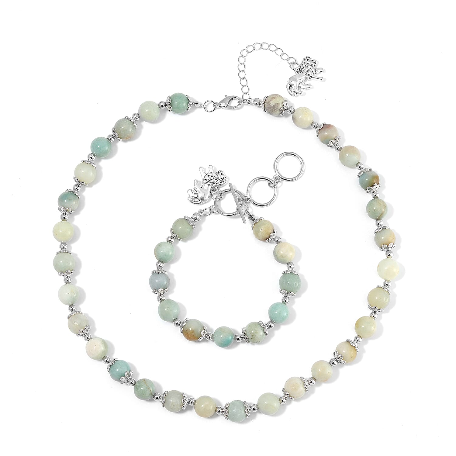 Multi Amazonite 320.00 ctw Beaded Bracelet (6.50-8.00In) and Necklace 18-20 Inches with Lion Charm in Silvertone
