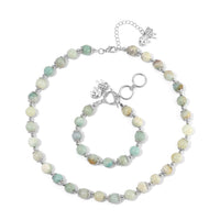 Multi Amazonite 320.00 ctw Beaded Bracelet (6.50-8.00In) and Necklace 18-20 Inches with Lion Charm in Silvertone