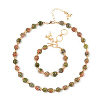 Unakite 320.00 ctw Beaded Bracelet (6.50-8.00In) and Necklace 18-20 Inches with Deer Charm in Goldtone