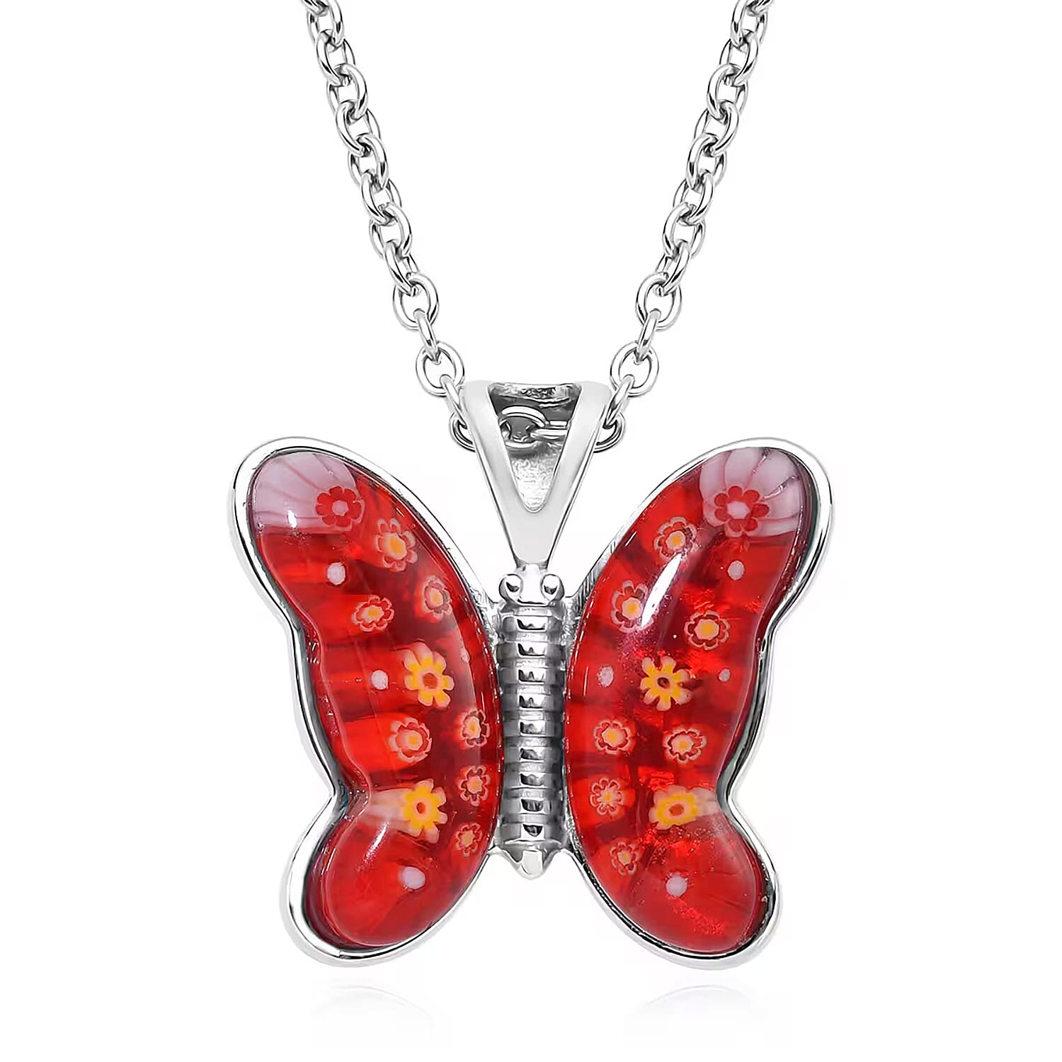 Red Murano Style Butterfly Necklace in Stainless Steel 24 Inches