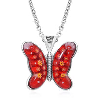 Red Murano Style Butterfly Necklace in Stainless Steel 24 Inches