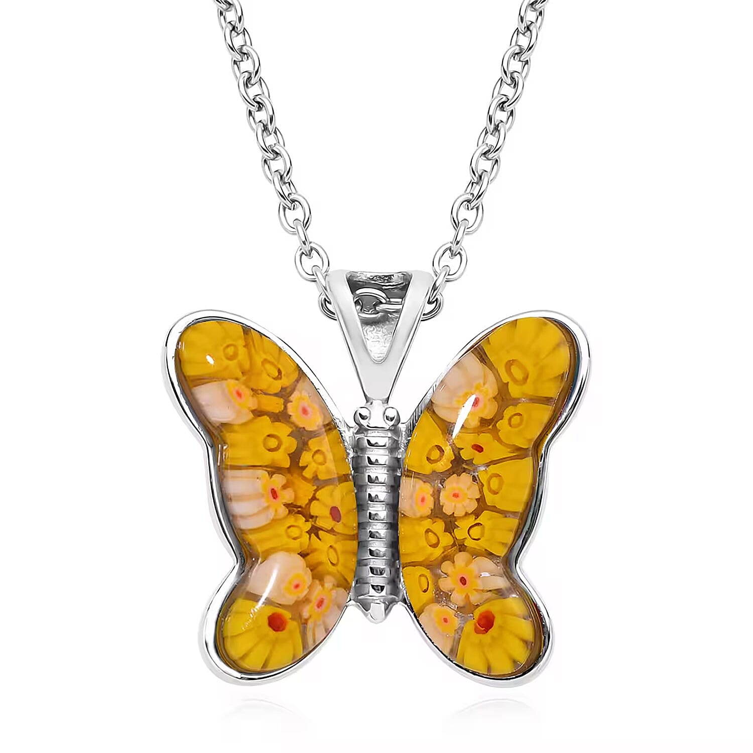 Yellow Murano Style Butterfly Necklace in Stainless Steel 24 Inches