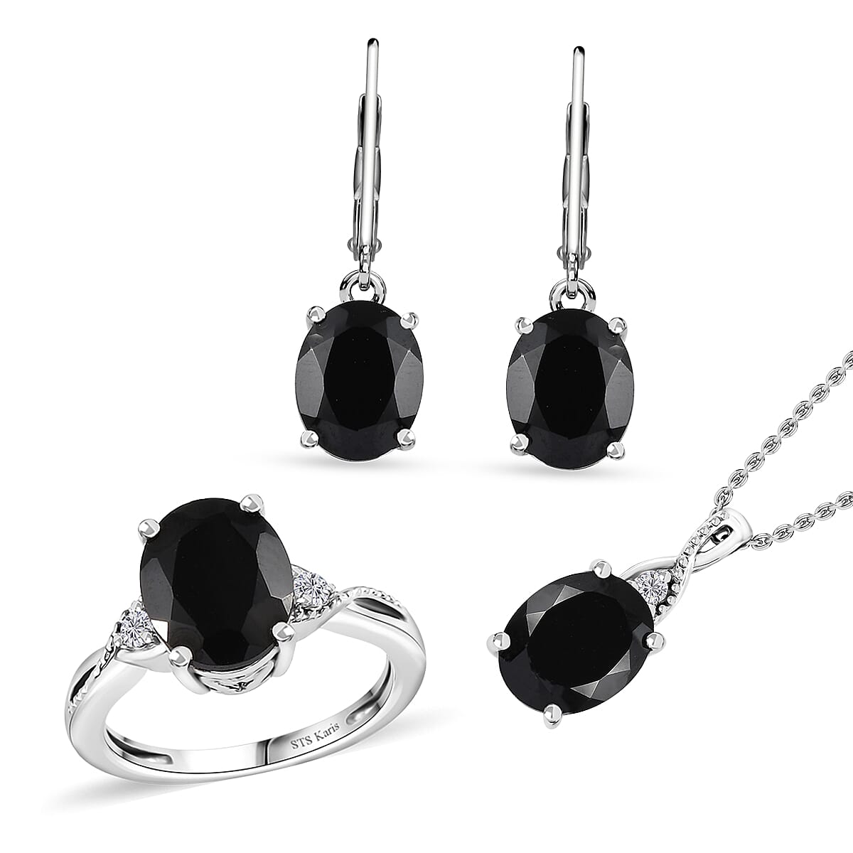 Karis Thai Black Spinel, White Zircon Earrings, Ring (Size 5.0) and Pendant in Platinum Bond with Stainless Steel Necklace (20 Inches) 12.60 ctw