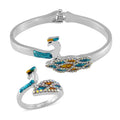 Simulated Mystic White Crystal Bypass Peacock Bangle (6.75 In) and Ring (Size 5.0) in Silvertone - Sticky add to cart bar