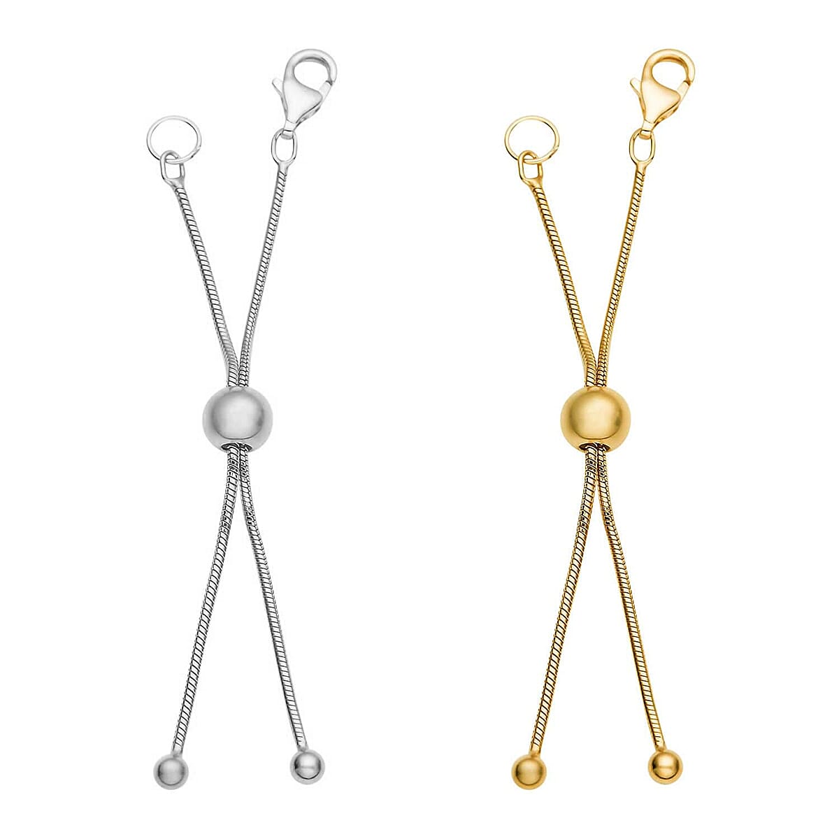 Set of 2, 14K YG and Rhodium Over Sterling Silver 9mm Lobster Lock with 2Inch Each Side Snake Extender Chain and 6mm Adjusting Bead (3.20 g)