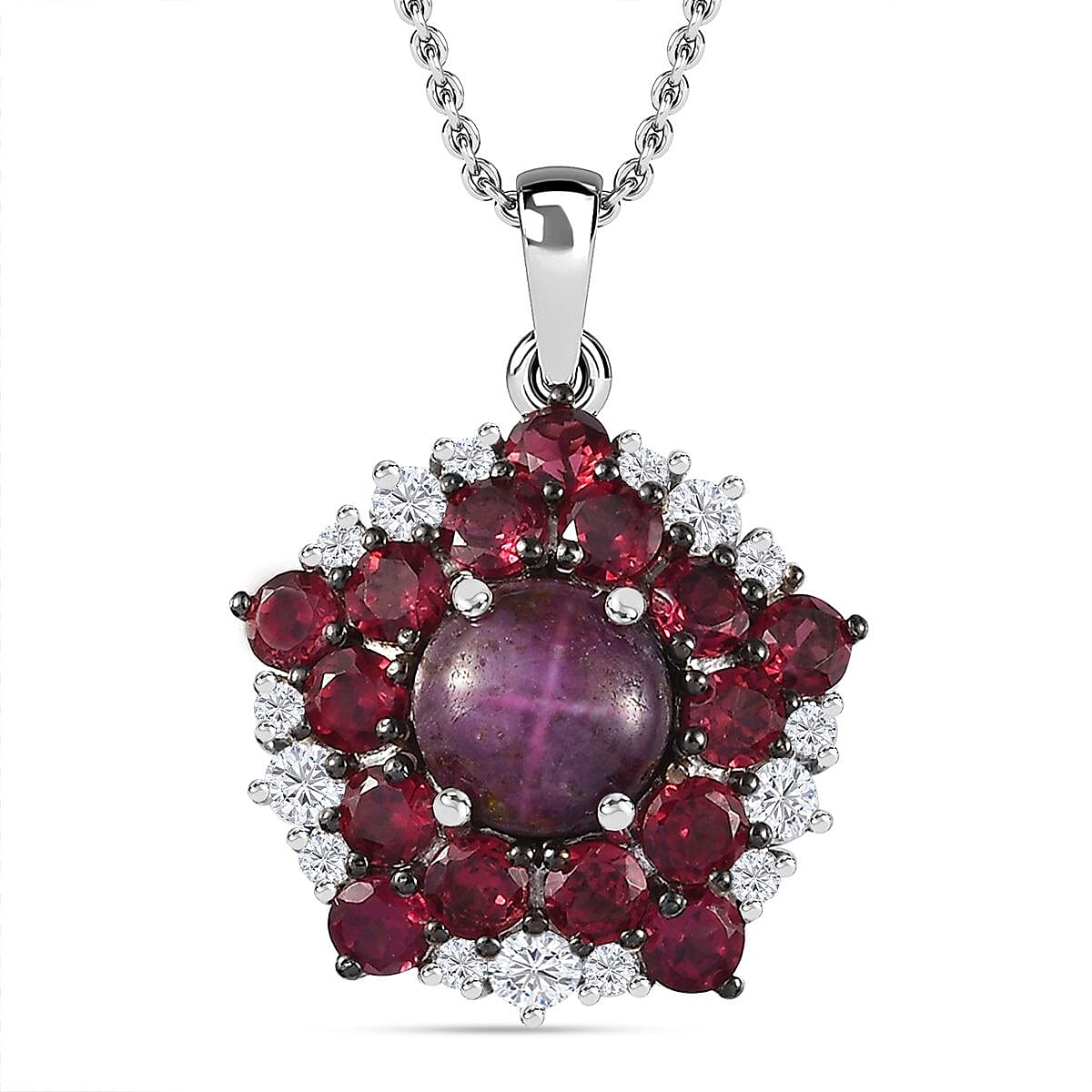 Indian Star Ruby and Multi Gemstone Star Pendant Necklace 20 Inches in Rhodium Over Sterling Silver 6.40 ctw