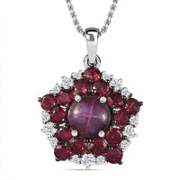 Indian Star Ruby and Multi Gemstone Star Pendant Necklace 20 Inches in Rhodium Over Sterling Silver 6.40 ctw
