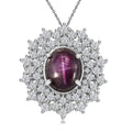Indian Star Ruby and Moissanite Star Burst Pendant Necklace 20 Inches in Rhodium Over Sterling Silver 8.10 ctw - Sticky add to cart bar
