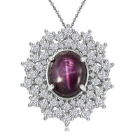 Indian Star Ruby and Moissanite Star Burst Pendant Necklace 20 Inches in Rhodium Over Sterling Silver 8.10 ctw