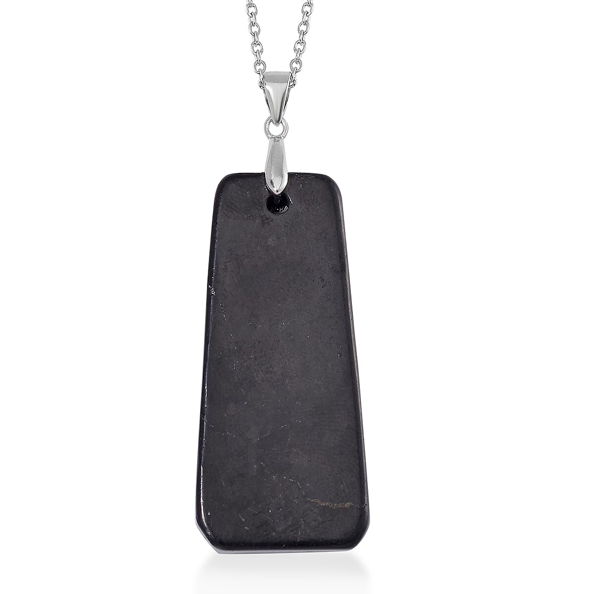 Shungite 45x25mm Tapered Rectangular Shape Pendant in Rhodium Over Sterling Silver with Stainless Steel Necklace (20 Inches) 55.00 ctw
