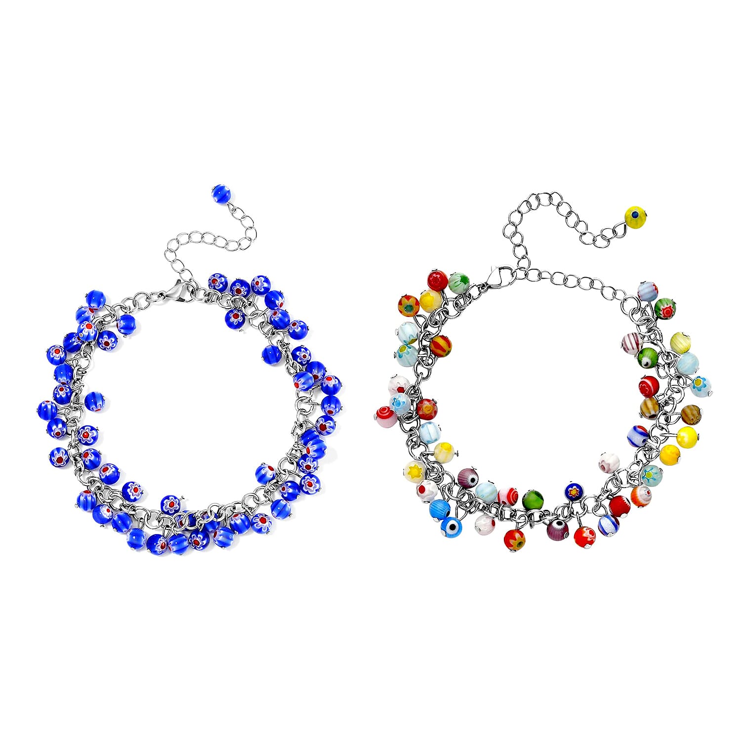 Set of 2 Multi and Blue Color Murano Style Anklet in Stainless Steel (9.00-11.00In)