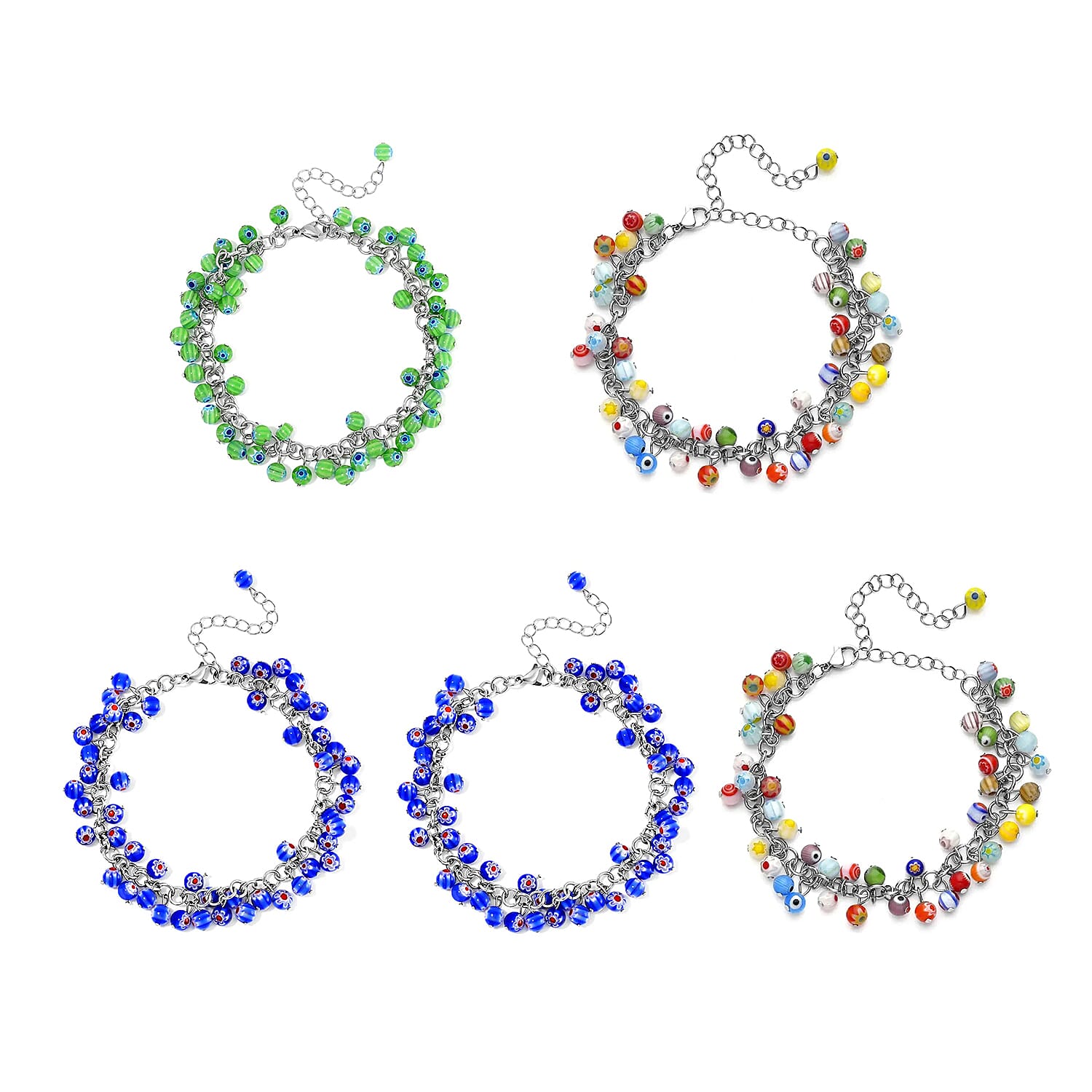 Set of 5 Multi Color Murano Style Anklet in Stainless Steel (9.00-11.00In)