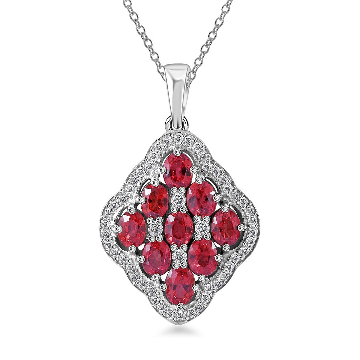 Sanguine Sapphire and White Zircon Art Deco Pendant Necklace 18 Inches in Rhodium Over Sterling Silver 2.55 ctw