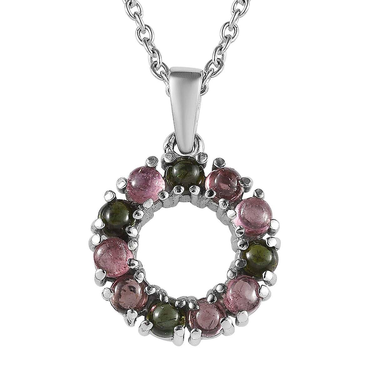 Multi-Tourmaline 1.35 ctw Circle Pendant Necklace in Stainless Steel 20 Inches