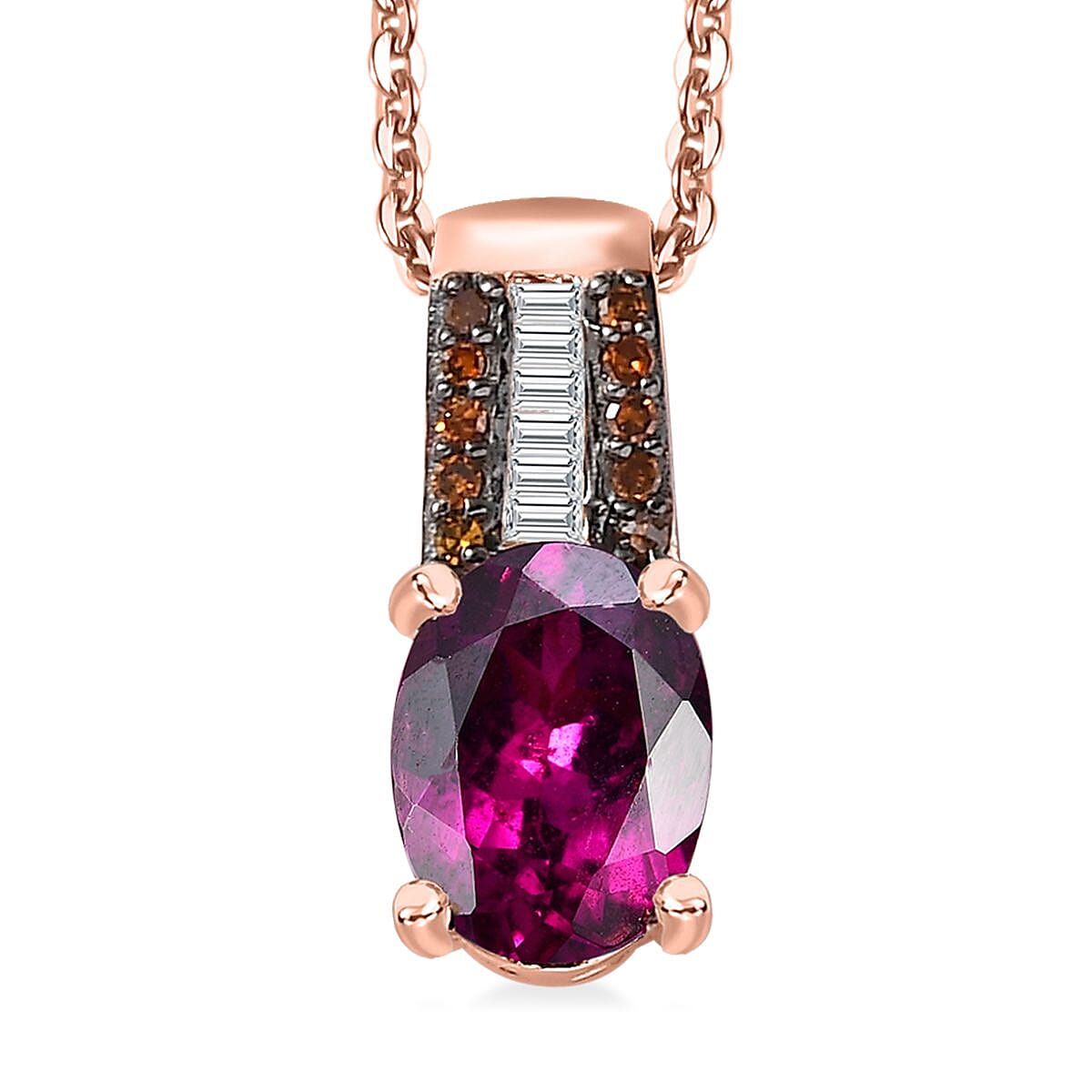 Premium Radiant Ember Garnet, White and Red Diamond Regal Elegance Pendant Necklace18 Inches in 18K Vermeil Rose Gold Over Sterling Silver 1.50 ctw
