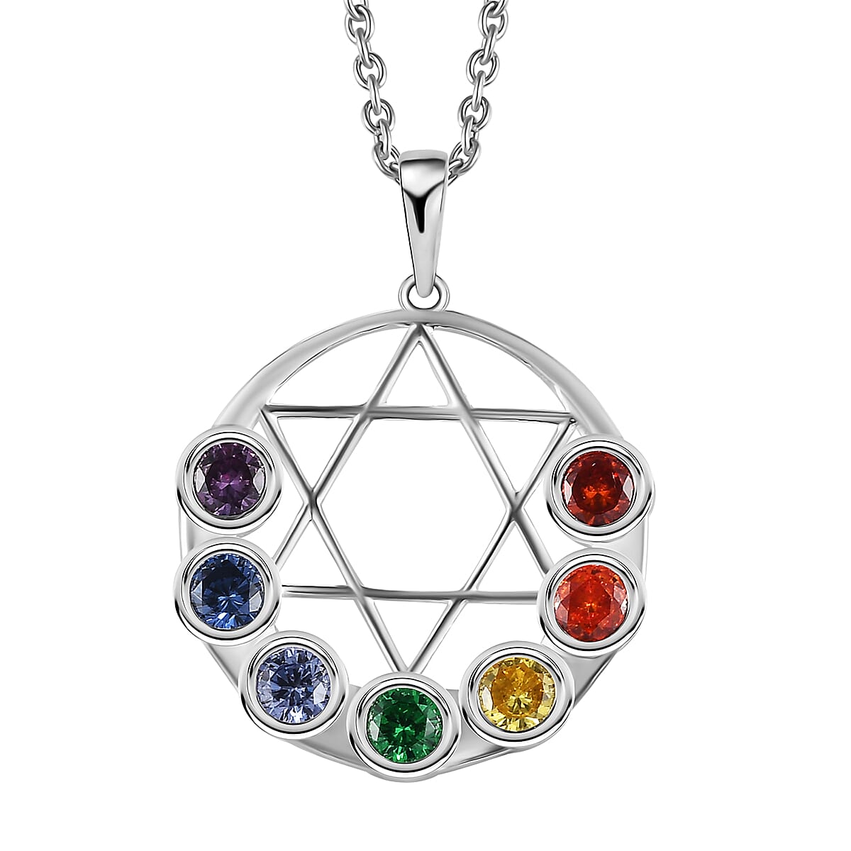 Simulated Multi Diamond 2.00 ctw Seven Chakar Pendant in Sterling Silver with Stainless Steel Necklace 20 Inches