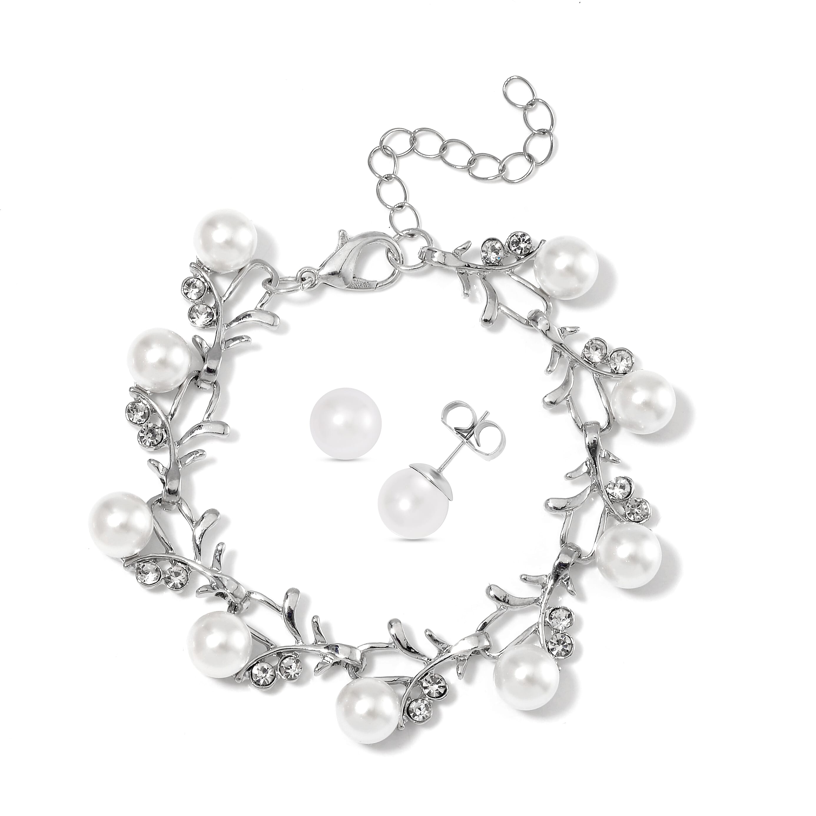 White Shell Pearl and White Crystal Bracelet (6.50-8.00In) and Stud Earrings in Stainless Steel